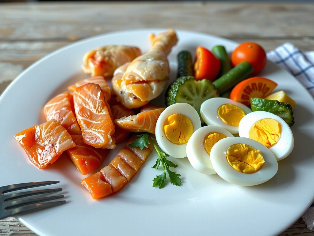 Un plato de carne magra, pescado y huevos, ricos en vitaminas B.