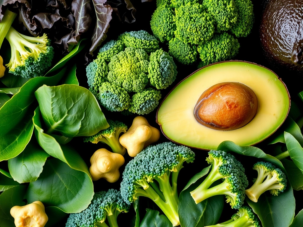 Vegetales de hoja verde oscuro, como espinacas y brócoli, junto con aguacates.