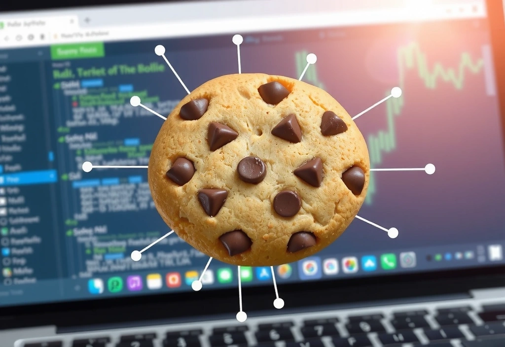 Ilustración de una galleta de internet con códigos binarios que representan datos de cookies