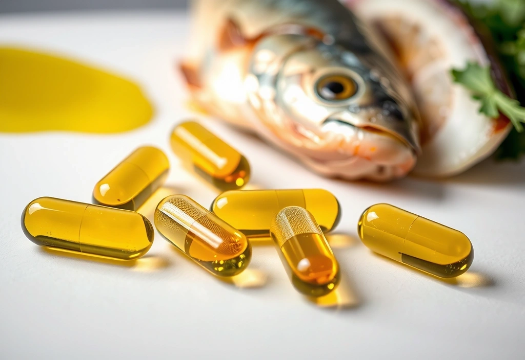 Cápsulas de Omega-3 con un fondo de pescado y aceite