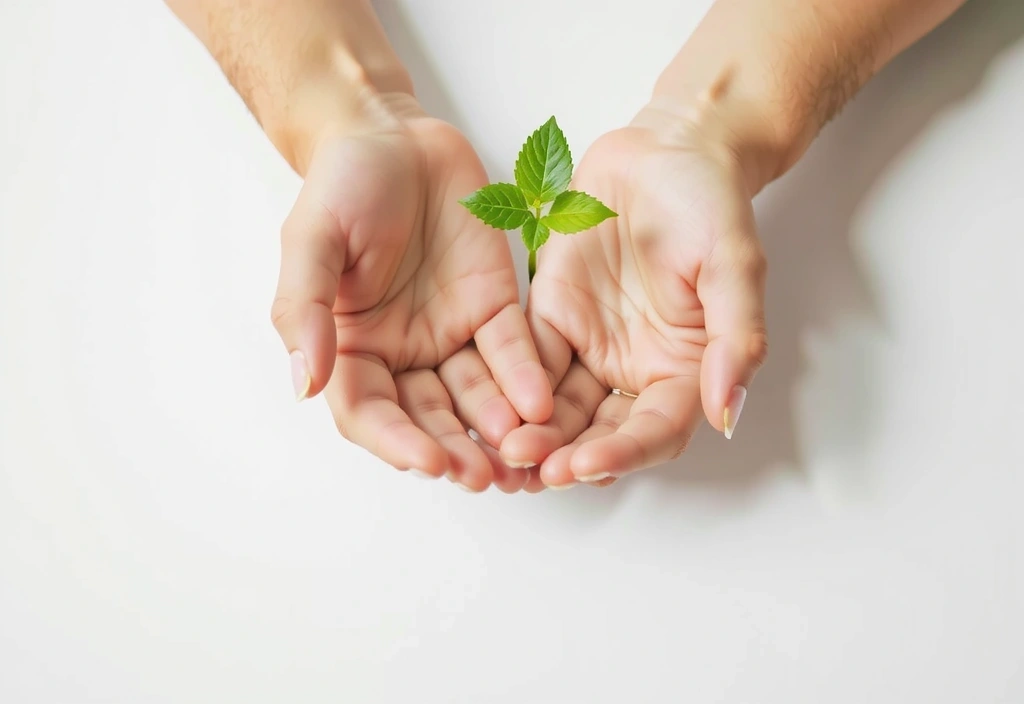 Manos sosteniendo una pequeña planta verde en un entorno limpio y natural, simbolizando el crecimiento y la salud