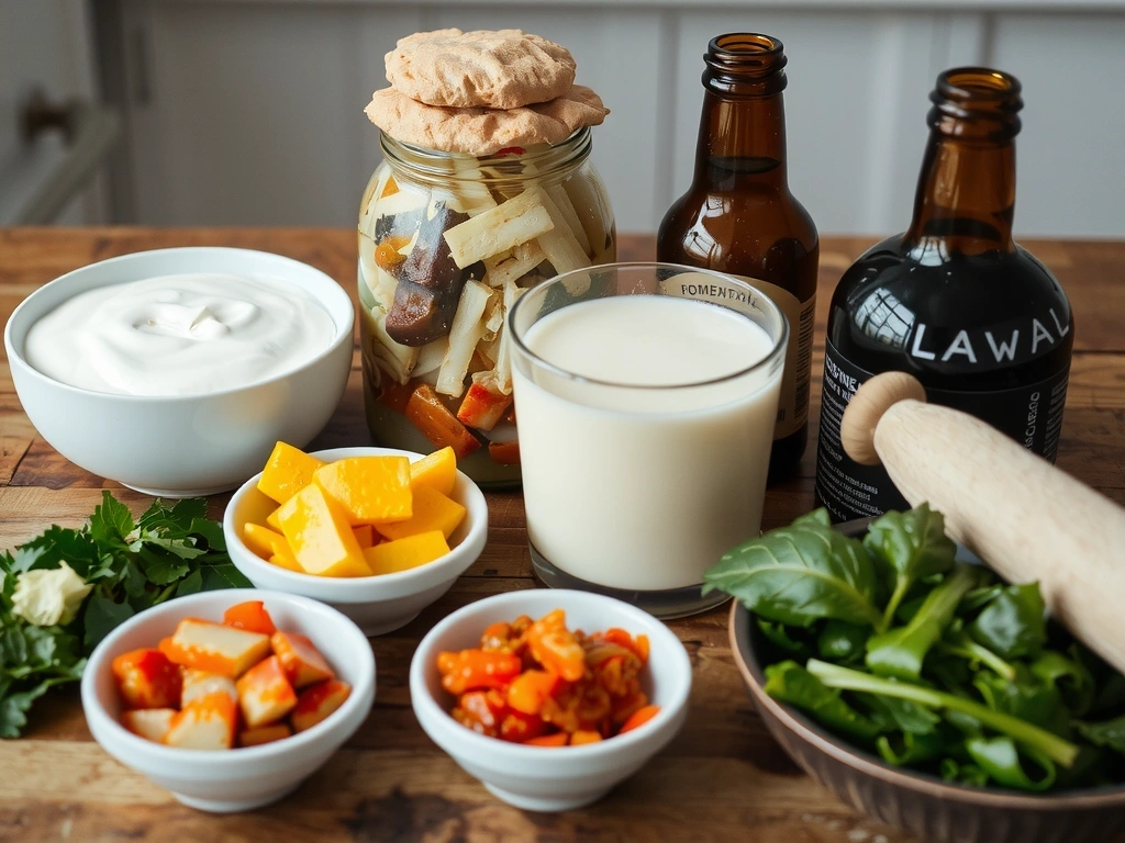 Variedad de alimentos fermentados como yogur, kéfir, chucrut y kimchi en una mesa rústica.