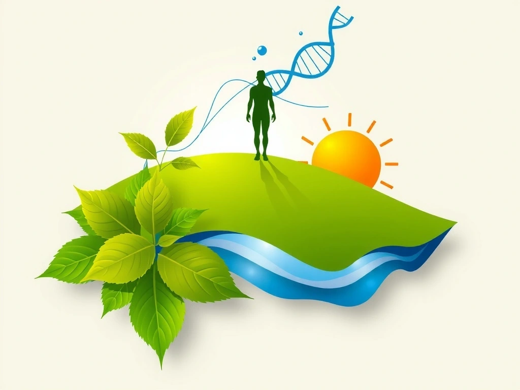 Un concepto visual que muestra el equilibrio entre la naturaleza (hojas, sol) y la ciencia (ADN, microscopio), con una silueta de persona en el centro, simbolizando la filosofía holística de salud.
