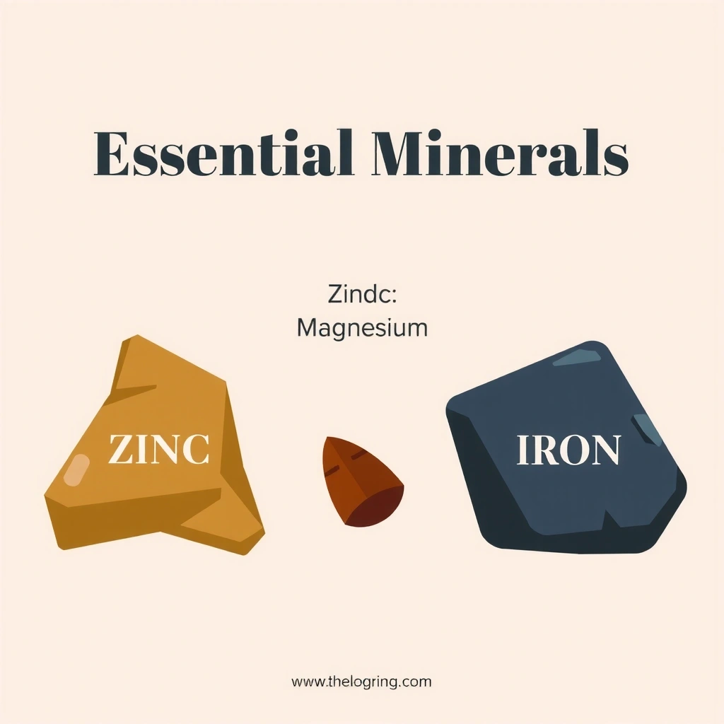 Ilustración de minerales esenciales como zinc, magnesio y hierro