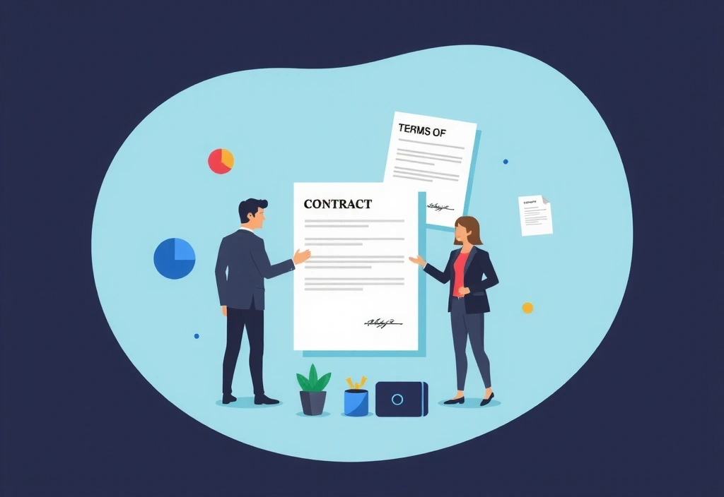 Ilustración de personas interactuando con un contrato digital y documentos legales