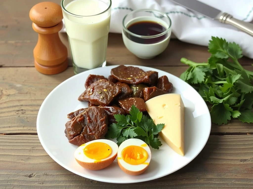 Plato con hígado de res, huevos, leche y queso, representando fuentes animales de Vitamina A.