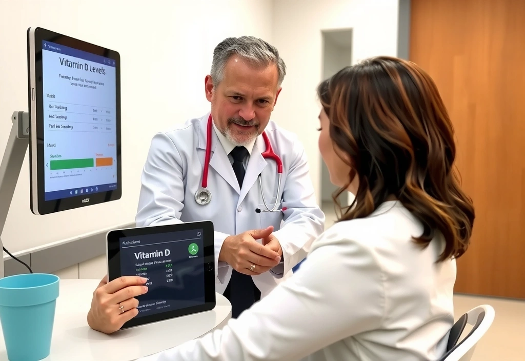 Médico consultando con un paciente sobre los niveles de Vitamina D, con gráficos y resultados de análisis