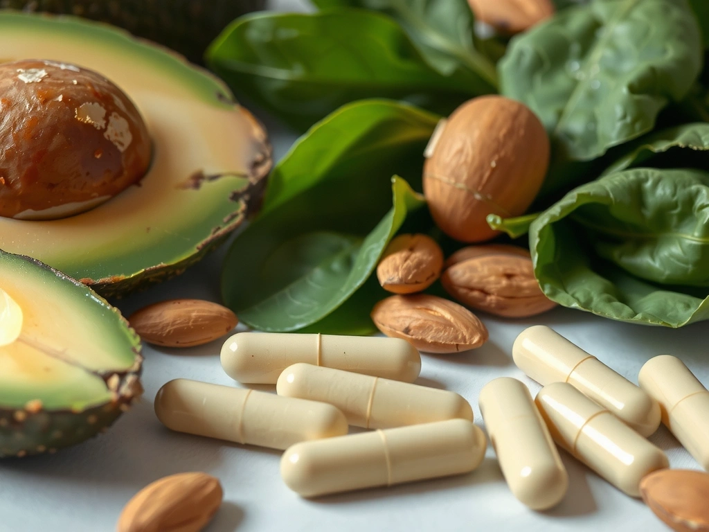 Cápsulas de Vitamina E y alimentos ricos en ella como aguacate y nueces