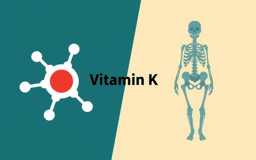 Molécula de Vitamina K con elementos gráficos que representan la coagulación y la estructura ósea.