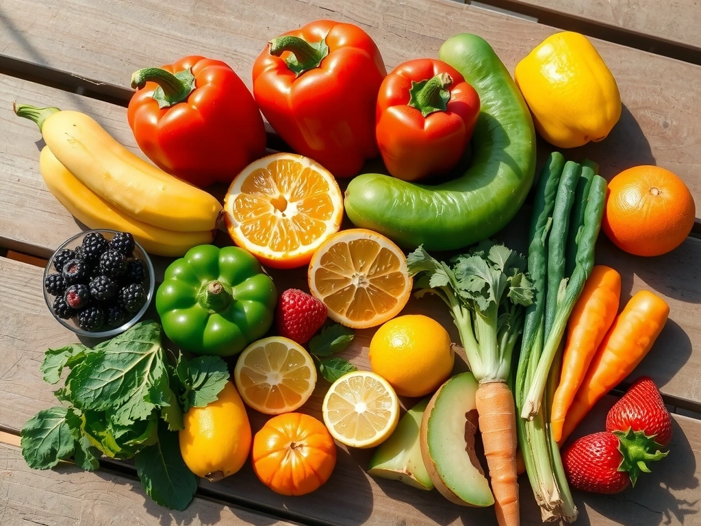 Variedad de frutas y verduras frescas, ricas en vitaminas naturales, dispuestas artísticamente sobre una mesa de madera.